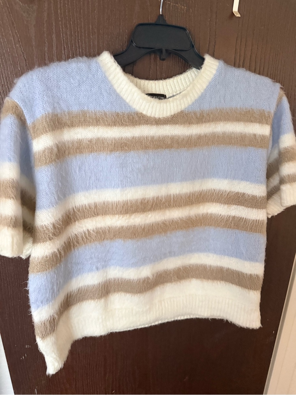 PrettyLittleThing Light Blue, Cream & Tan Striped Soft Crewneck Sweater